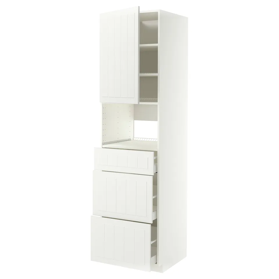 METOD white kitchen unit, tall with cabinets and drawers, simple modern design.