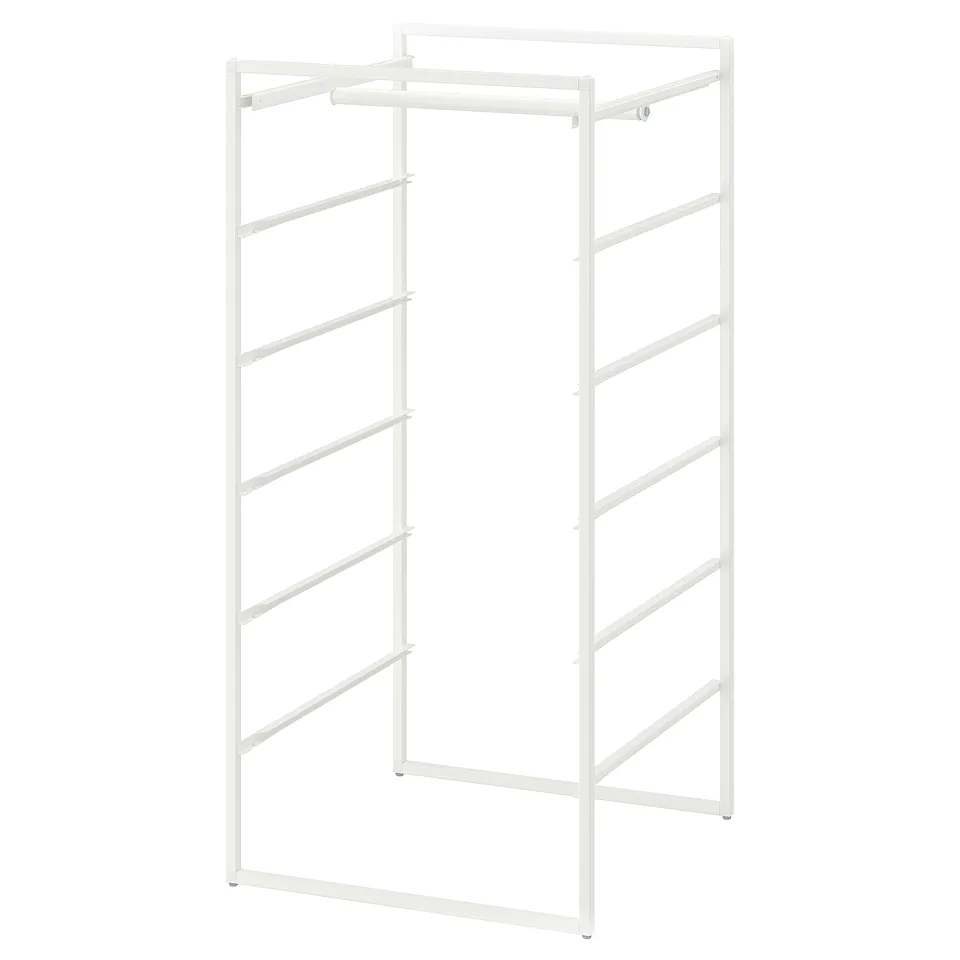 A white JONAXEL storage unit, a metal frame with multiple hanging rails, designed for compact spaces.