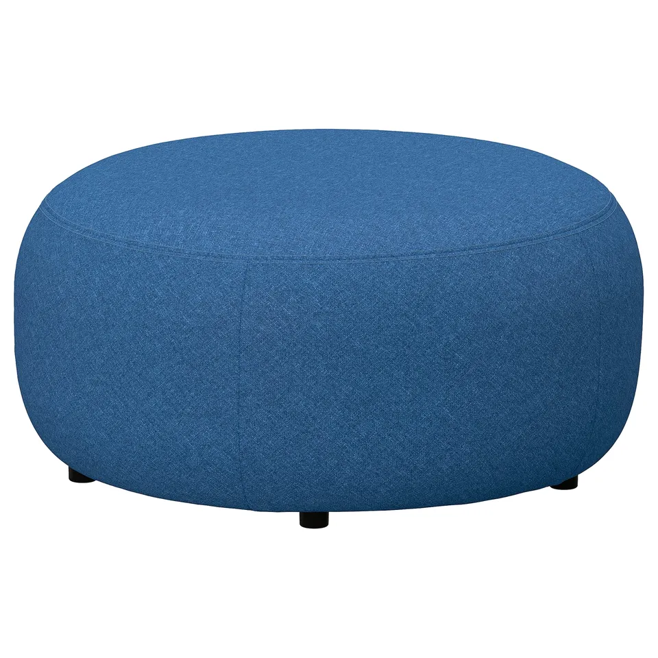 Round blue ottoman, modern design, fabric cover, wooden legs.