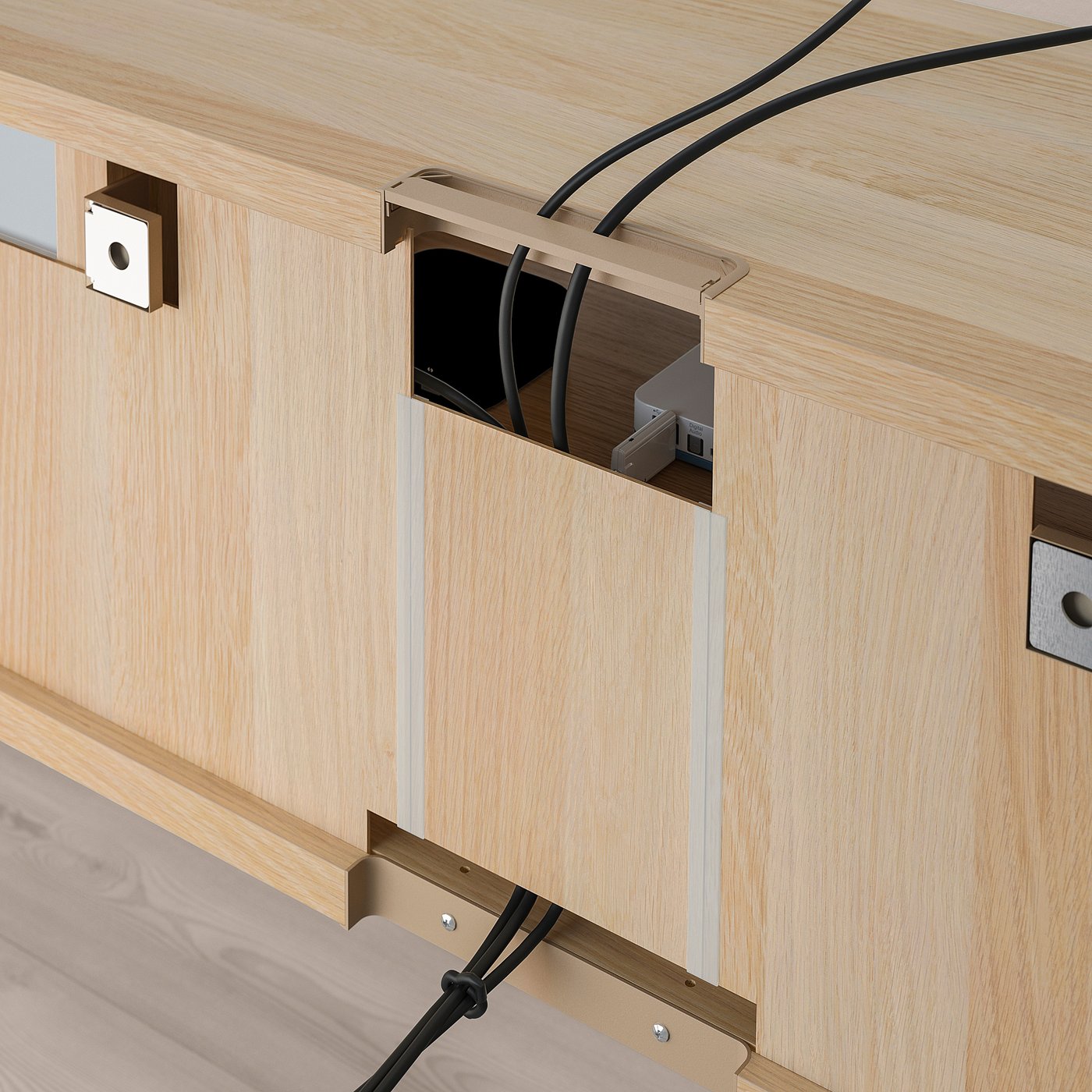 Wooden tv bench with cable management, showcasing cable outlets and adjustable shelves.