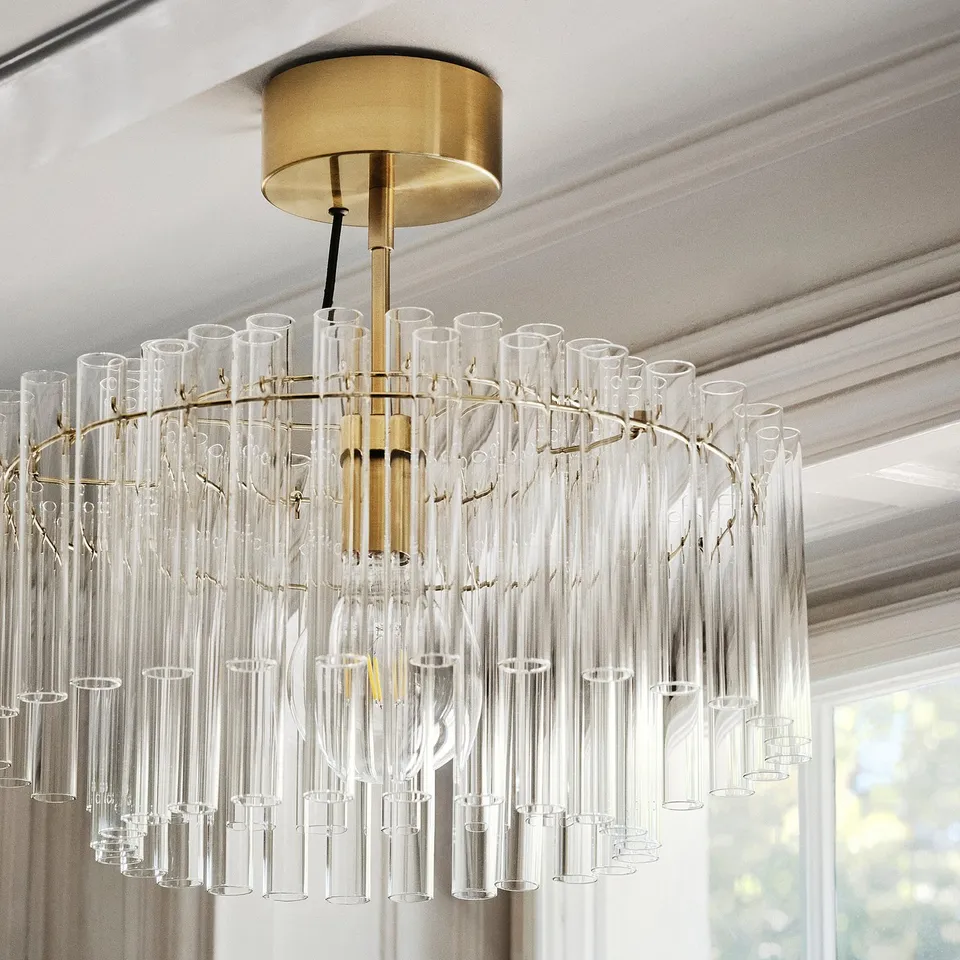 Brass & glass chandelier STOCKHOLM 2025 with 54 tubes, elegant & modern design.