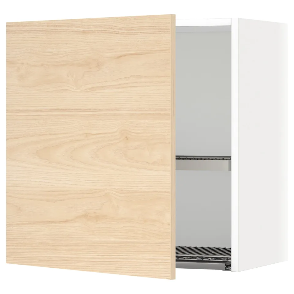 A METOD kitchen wall cabinet with a light ash wood door, featuring an adjustable shelf inside.