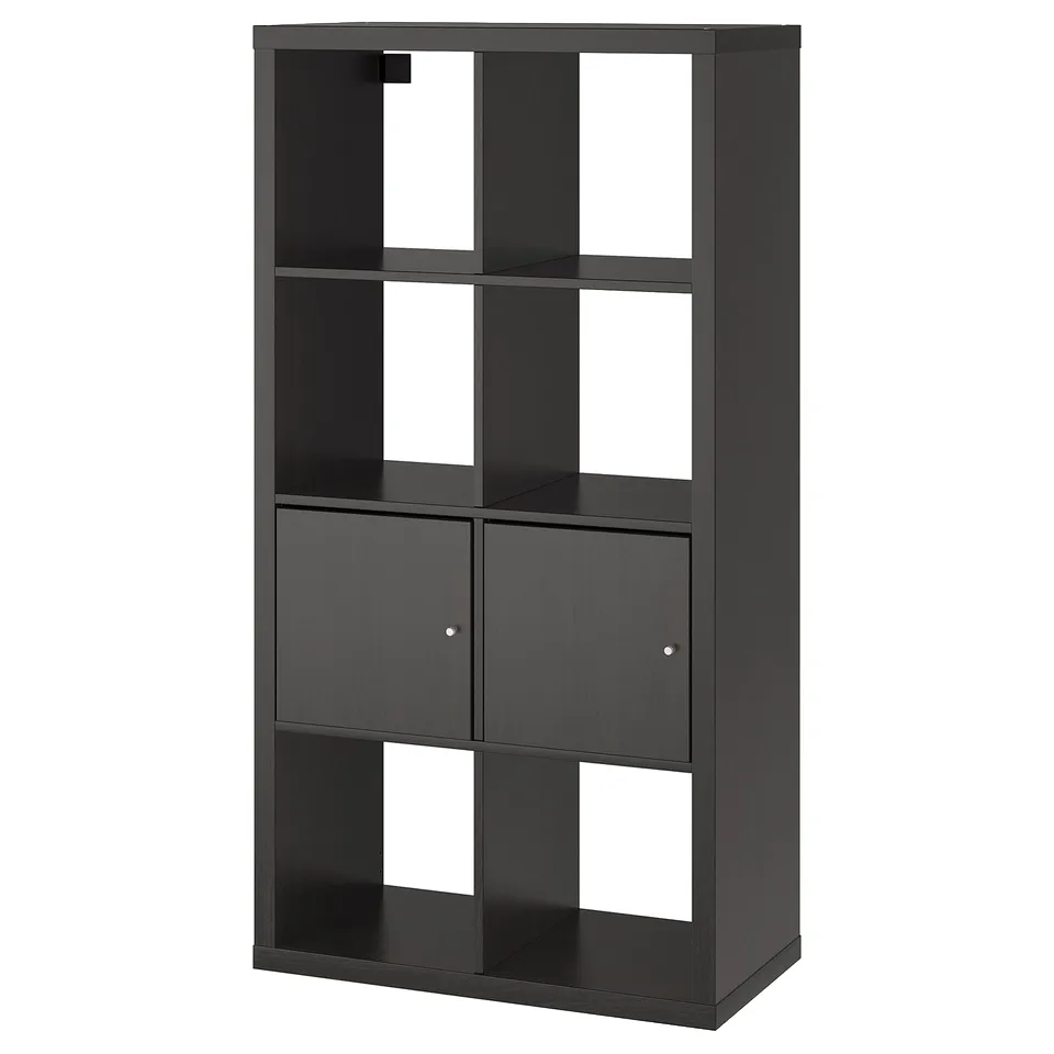 A KALLAX black shelving unit with both open and closed sections. The unit is tall with six compartments, designed for versatile storage.