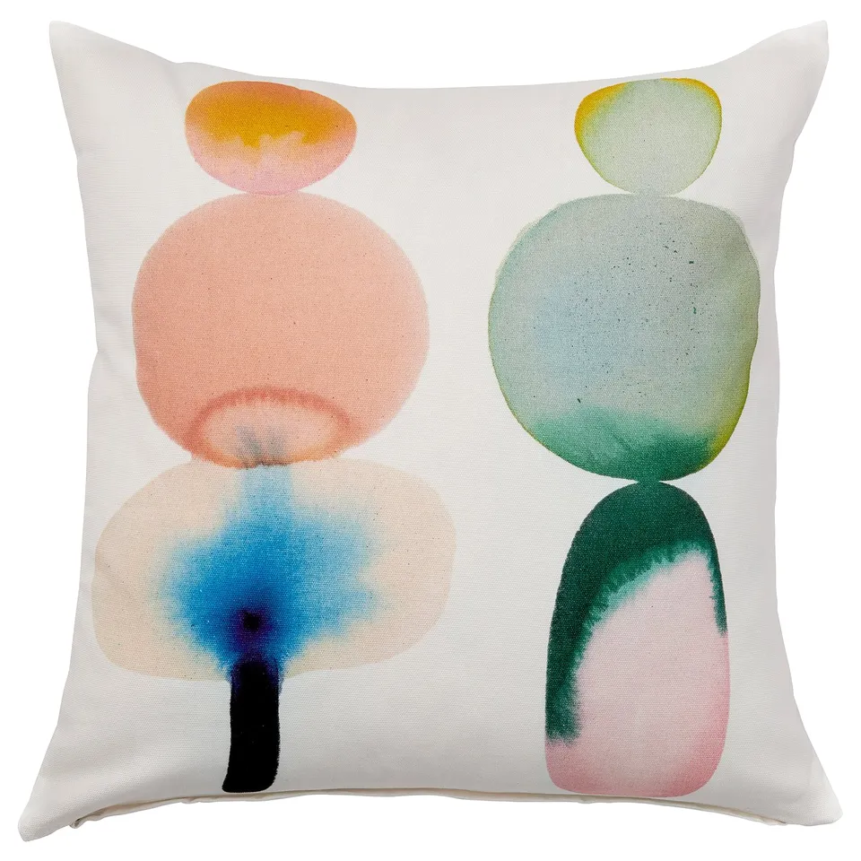 IKEA PS 2026 cushion cover, white with pastel abstract shapes. Made of 100% cotton.
