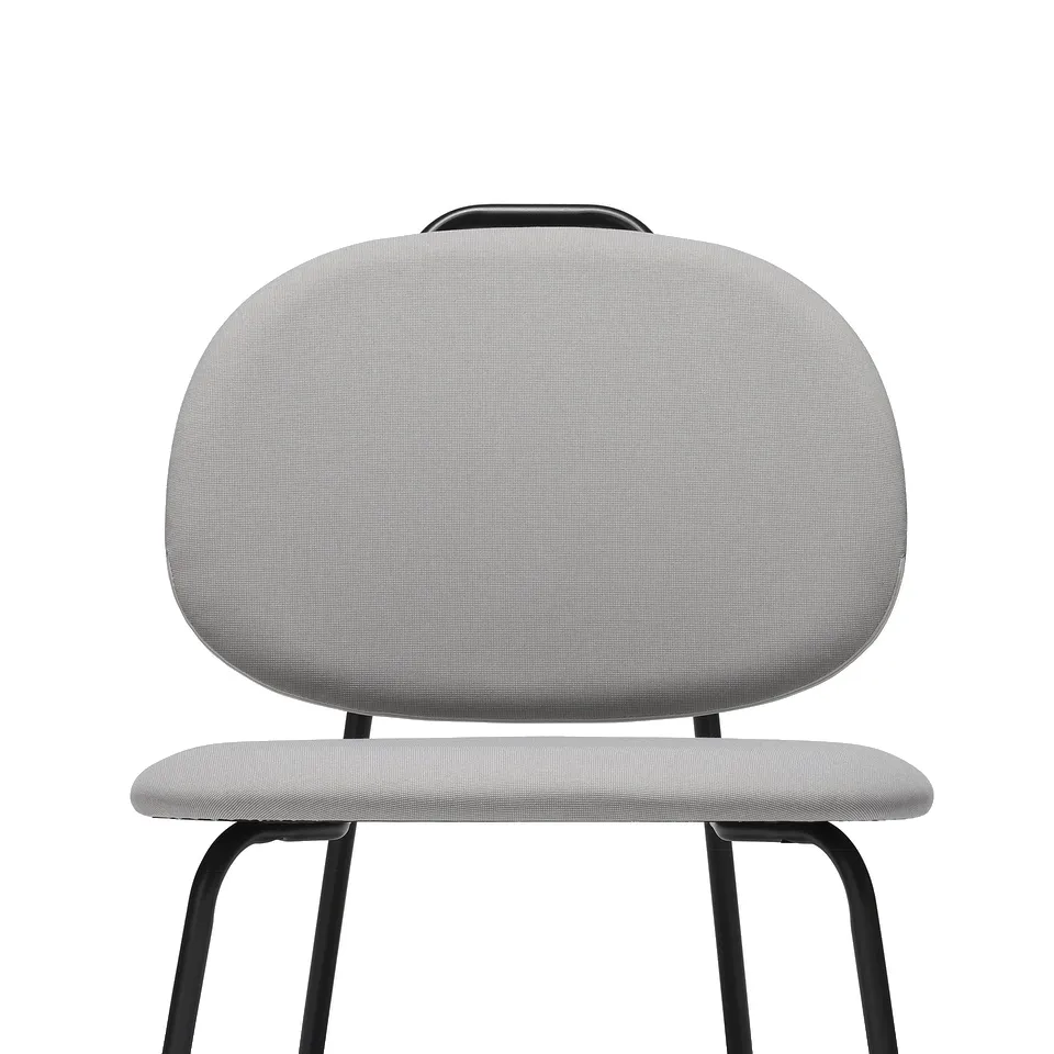 Modern chair with sleek black frame and soft, patterned fabric seat and back. Comfortable and stylish.