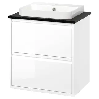 ÄNGSJÖN / BACKSJÖN wash-stnd w drawers/wash-basin, high-gloss white/black marble effect, 62x49x71 cm