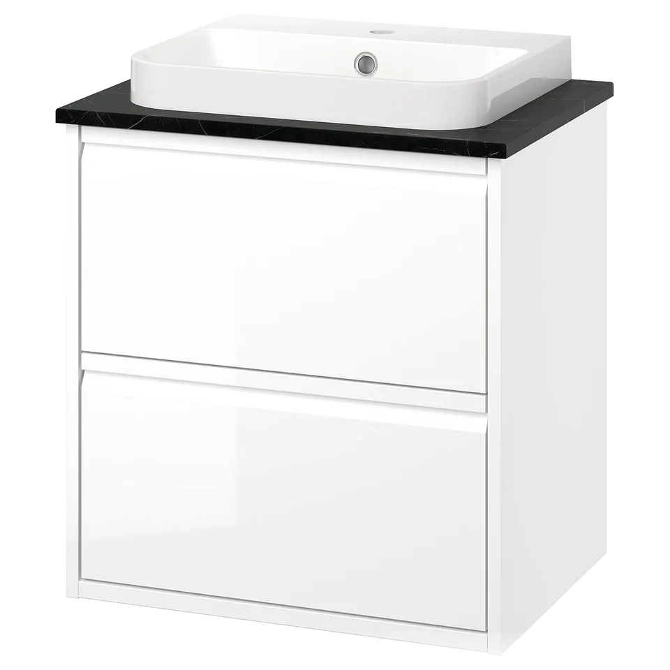Modern white bathroom vanity with sleek handles, rectangular sink, glossy countertop, minimalist design.