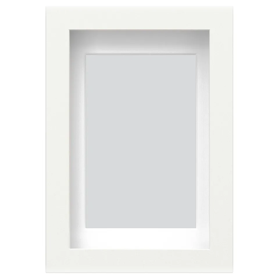The RÖDALM frame is white, rectangular, and made of fibreboard for displaying pictures with modern style.