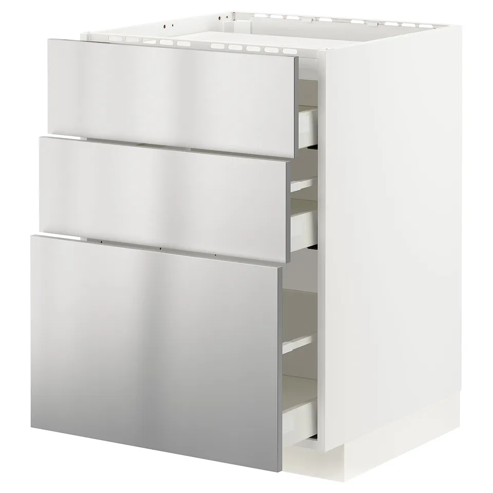 White METOD kitchen cabinet with 3 stainless steel drawers, modern design, soft close.