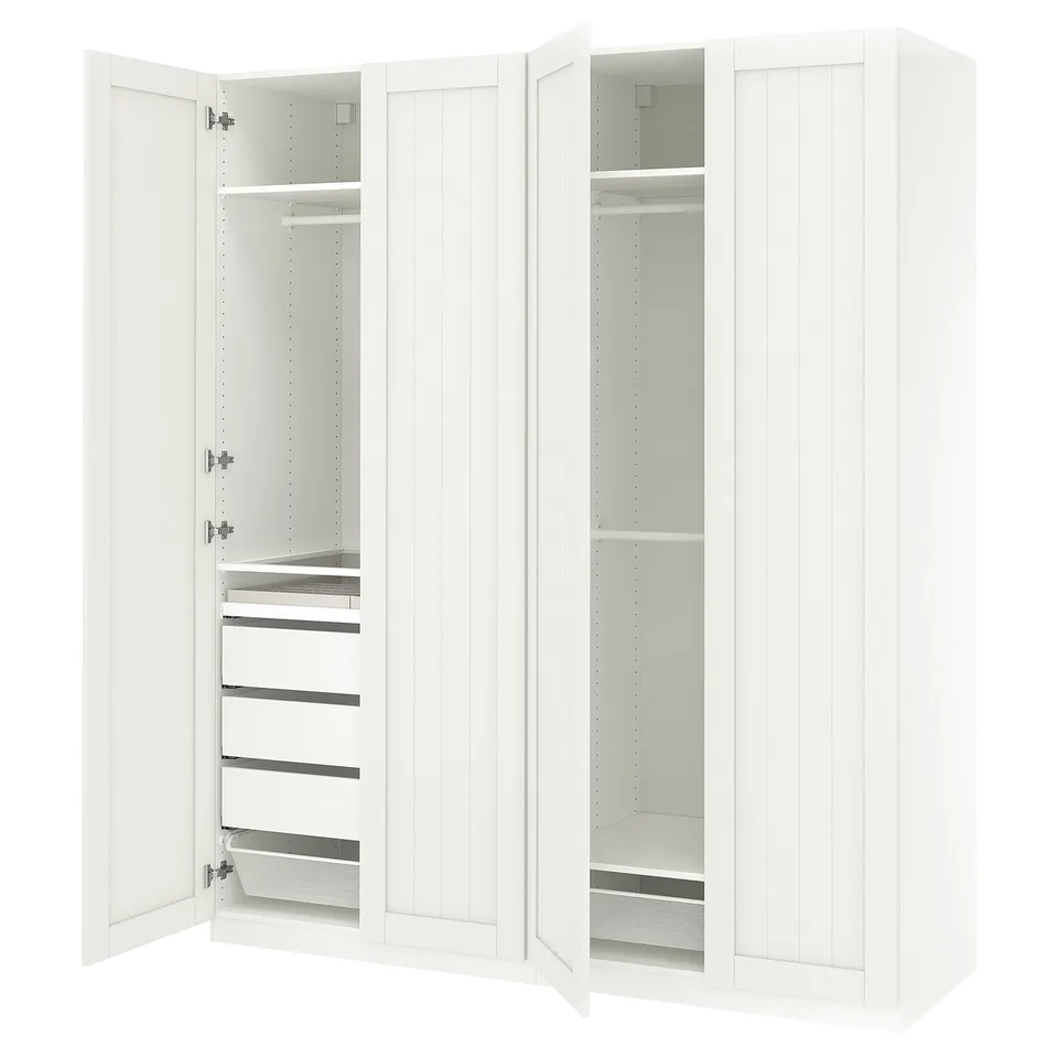 An open white PAX wardrobe with shelves and drawers.