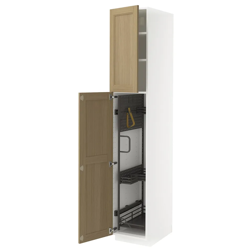 METOD kitchen cabinet, white with wooden doors, open showing organisers.