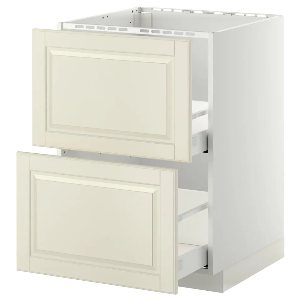 A white METOD kitchen cabinet with two open drawers, featuring smooth-running mechanisms and bevelled off-white fronts.