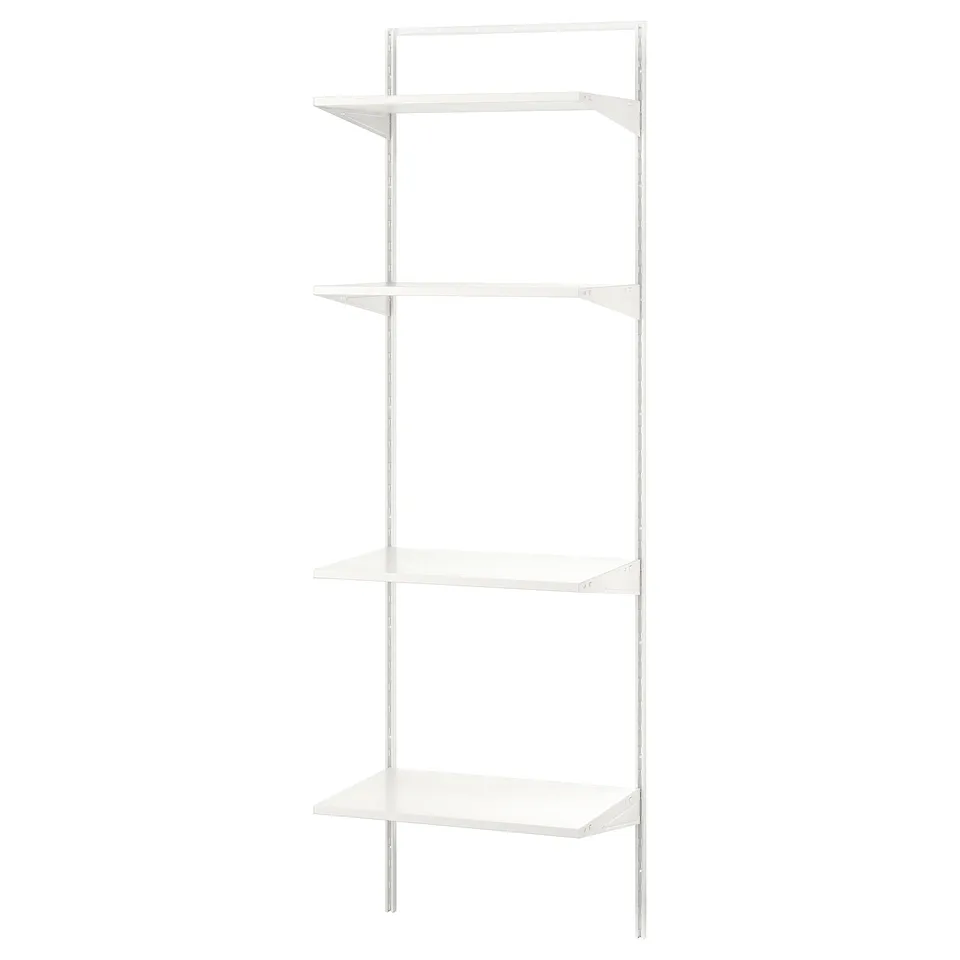 White metal wall shelf unit with four tiers for storage.