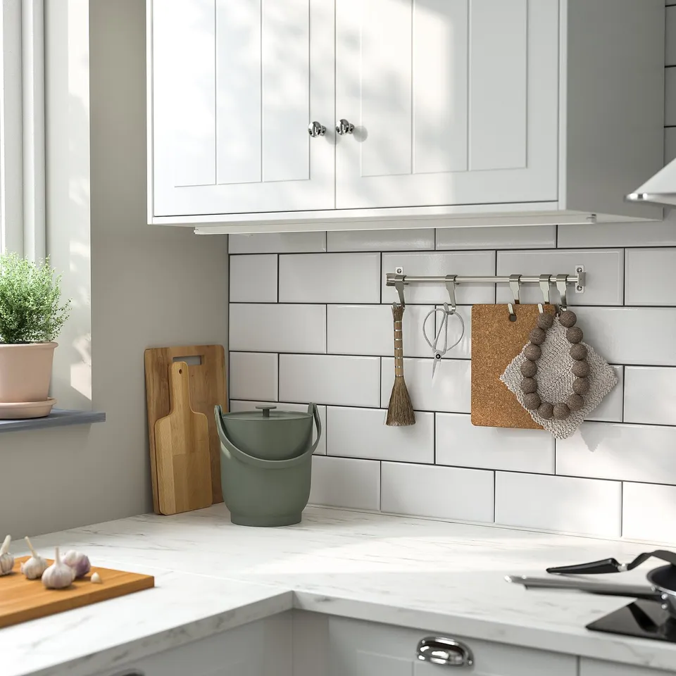 Modern kitchen counter with white cabinets, grey marble, recycling bin, cutting boards, plant, and garlic.
