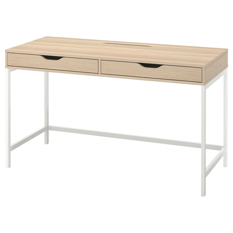 An ALEX desk with a light oak finish and white metal frame. It has two drawers and a spacious top surface, combining style and functionality.