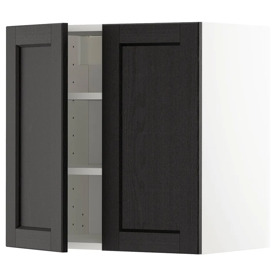 Dark wood kitchen cabinet with one open door revealing an adjustable shelf.