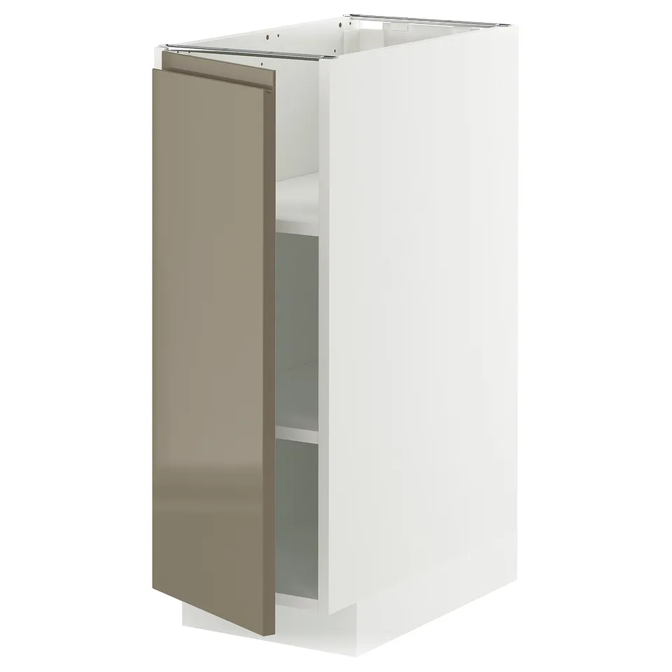 Modern white METOD kitchen cabinet, high-gloss brown door, sleek and adjustable.