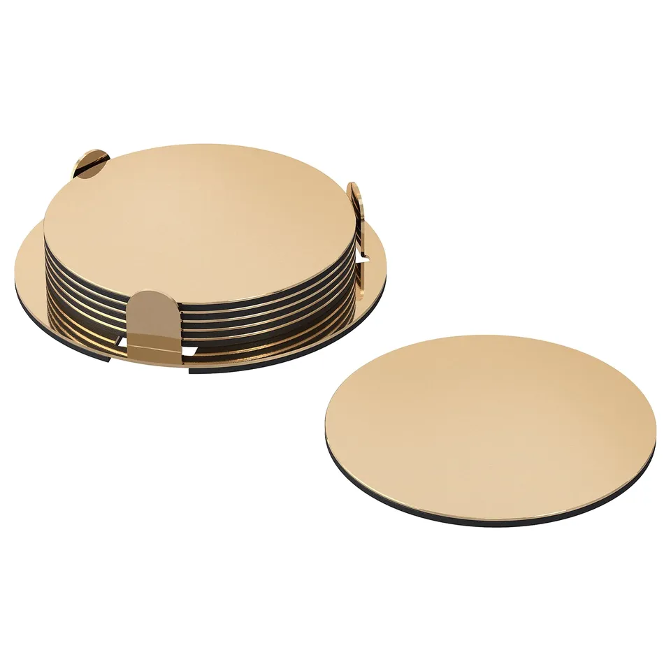 GLATTIS coaster set. Six round gold-plated stainless steel coasters with eva plastic backing in holder. One coaster lies flat beside it.