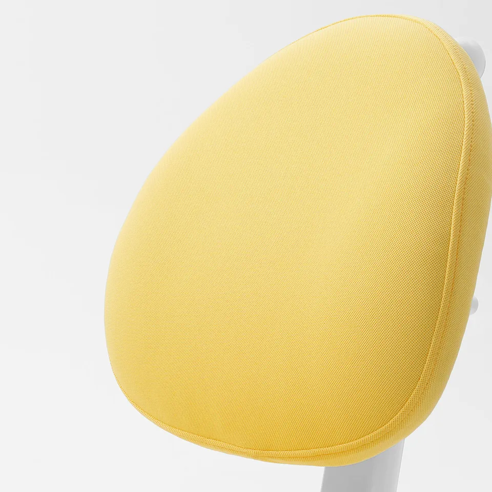 Bright yellow padded office chair backrest, ergonomically designed, with adjustable height for comfort.
