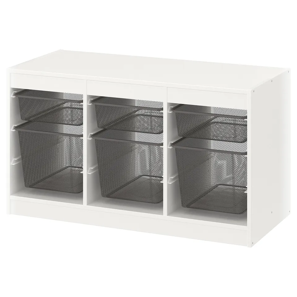 A white TROFAST storage unit with three mesh baskets for organising items.