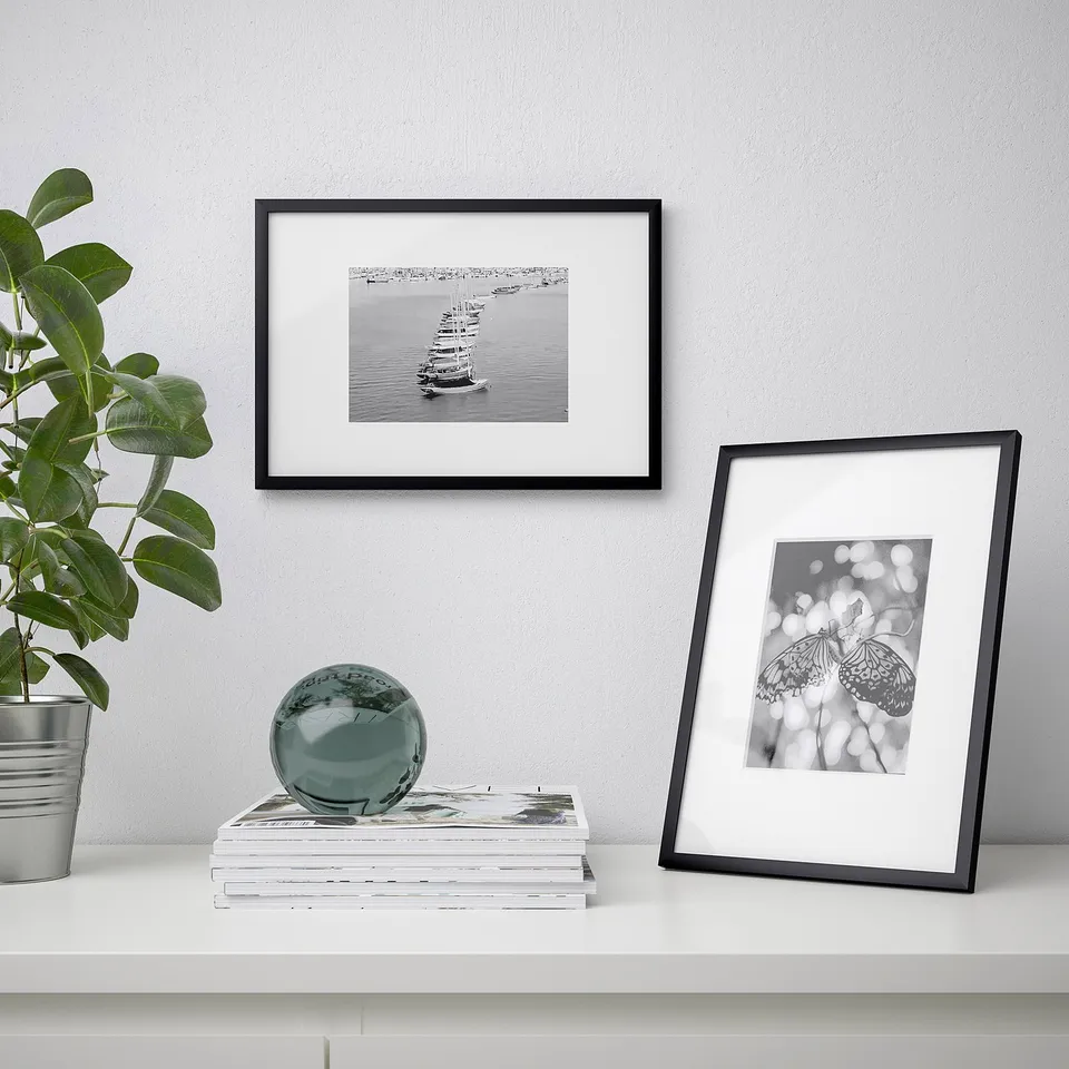 Minimalist setup: boat, butterfly photos, plant, sphere on books.