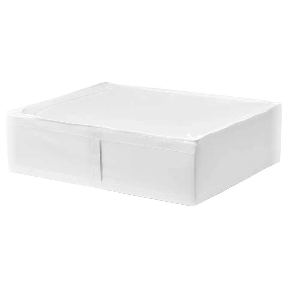 White rectangular storage case with ventilation, designed for under-bed or wardrobe use, made from recycled polyester.