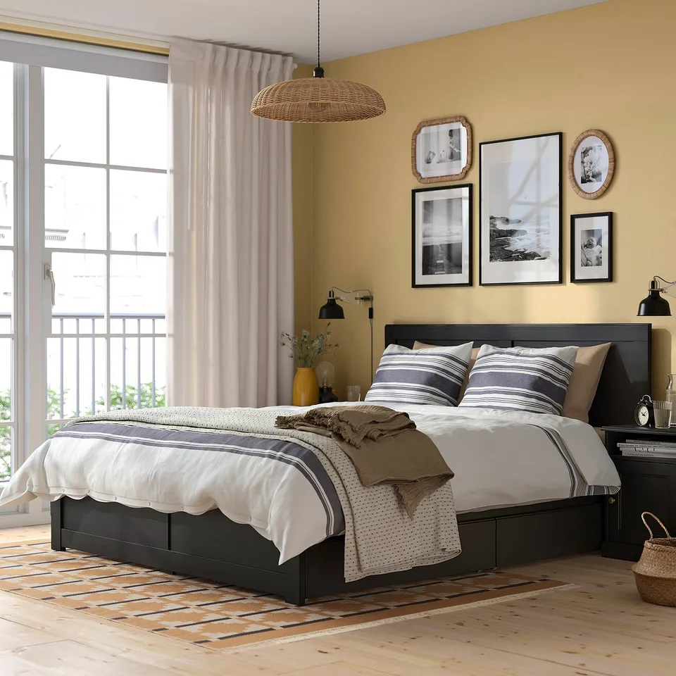 FÅGELFJÄLLET bed: black, wooden, rectangular, storage drawers, fits well in room.