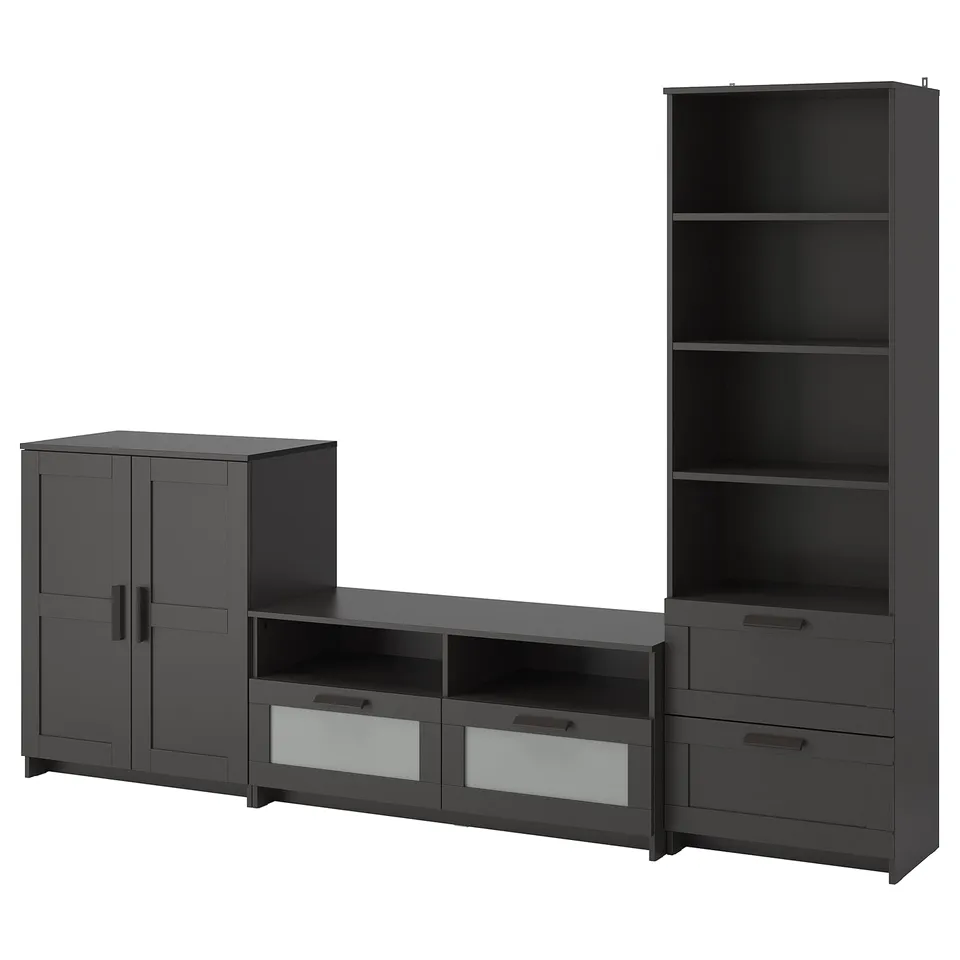 BRIMNES black tv unit set: tall bookcase, cabinet with doors, low tv stand with drawers, sleek modern design.