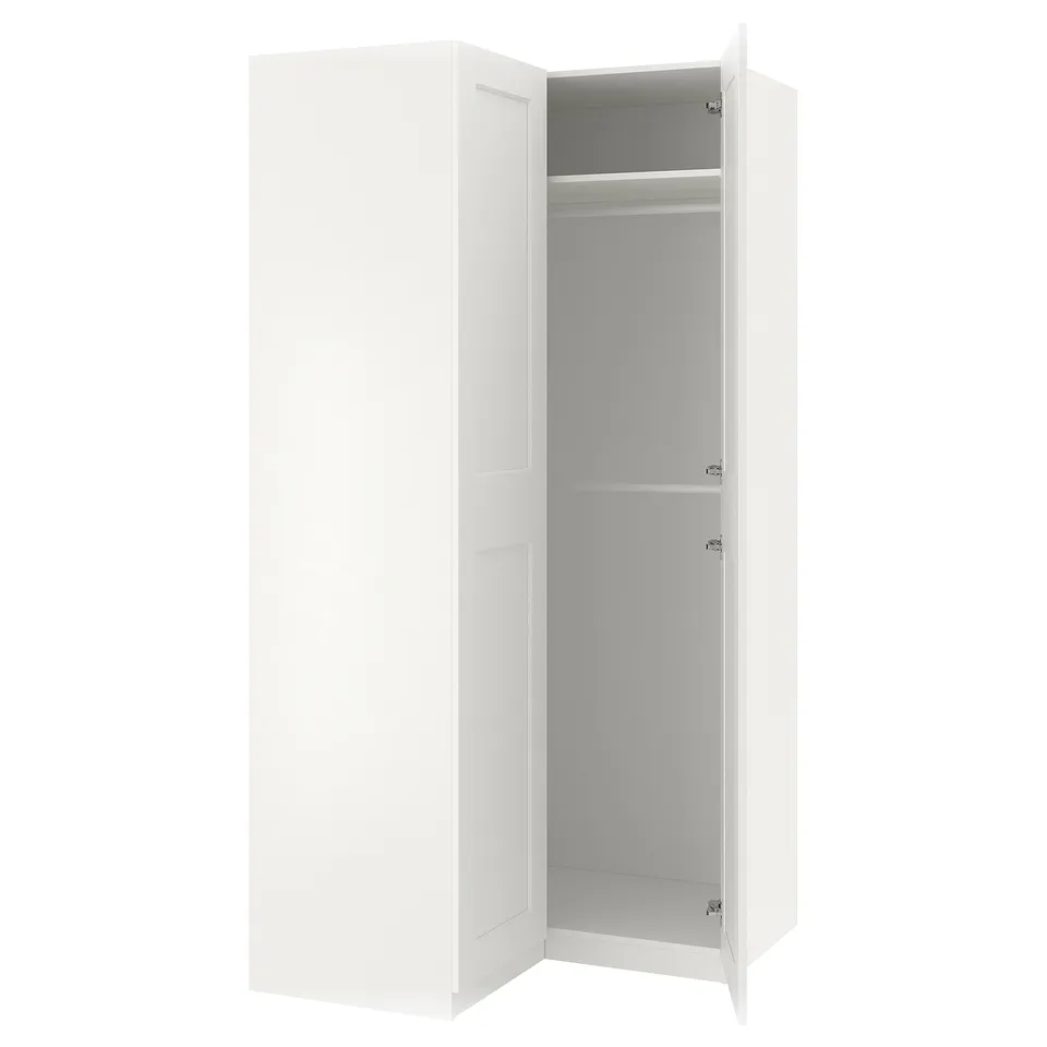 White PAX wardrobe with open door, minimalist design, simple storage solution.