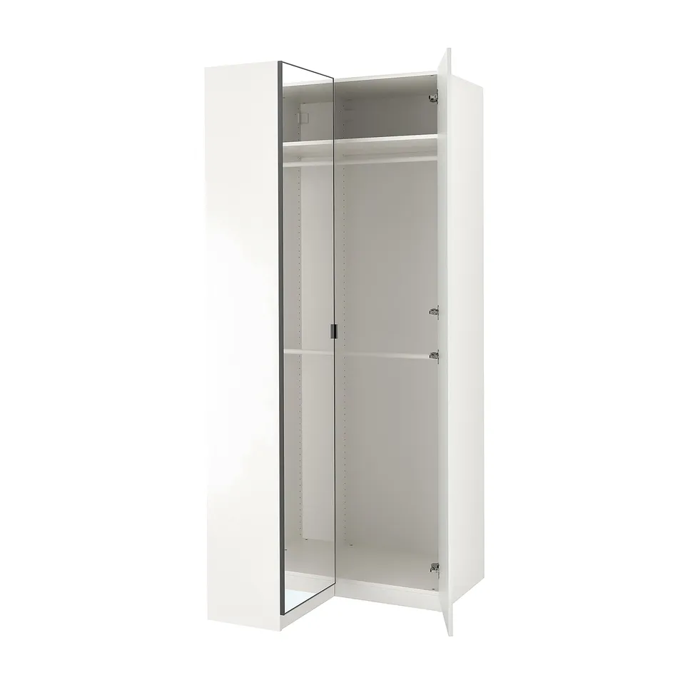 White PAX wardrobe, open, mirrored doors, rectangular, wooden, metal hinges.
