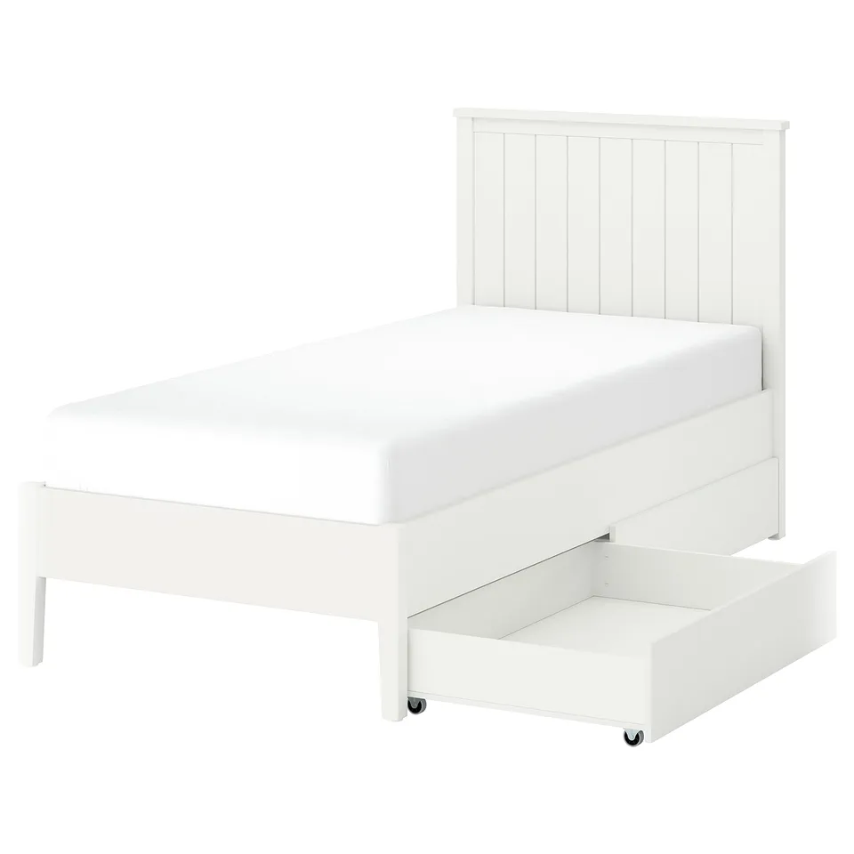 White GULLABERG bed with wooden headboard, slatted design, and two drawers on wheels.
