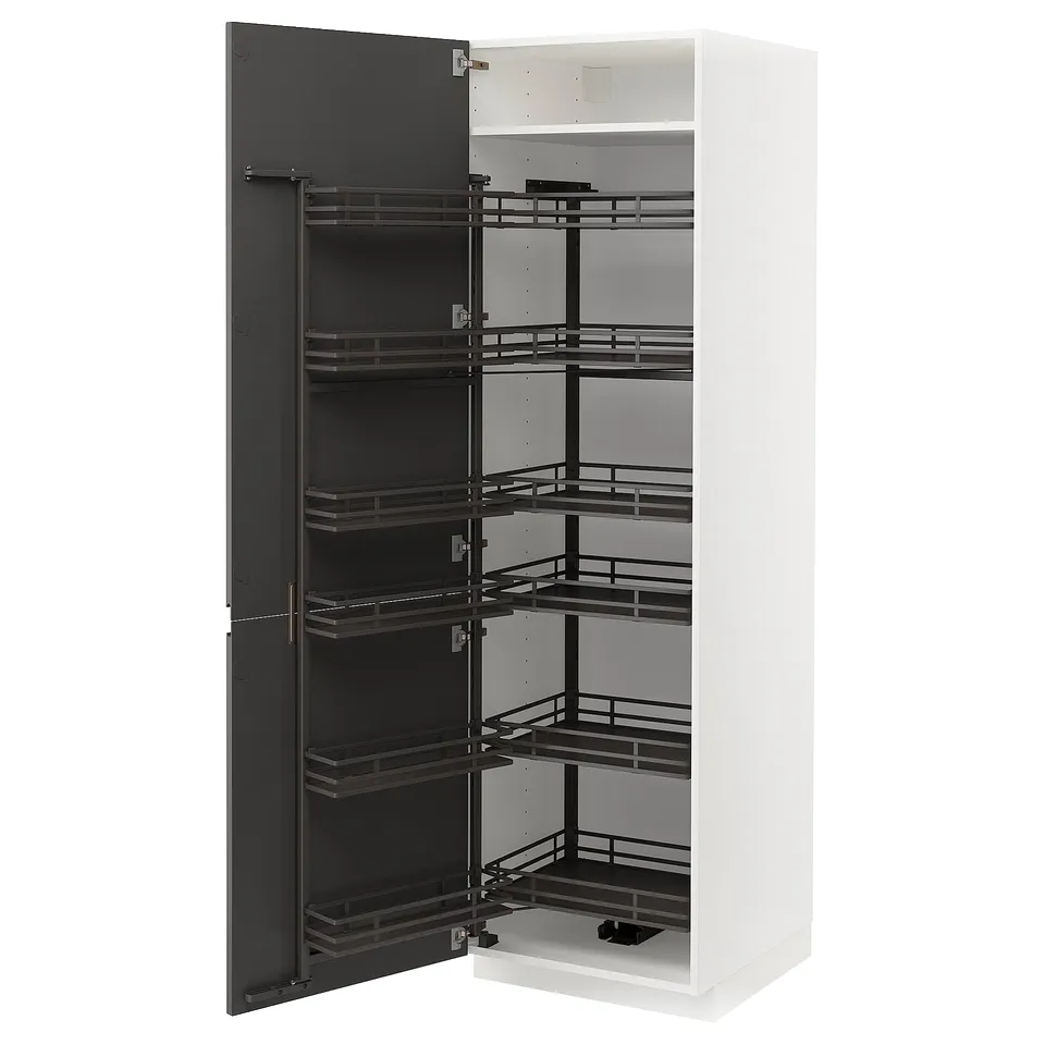 White METOD kitchen cabinet, dark grey pull-out shelves, modern design.