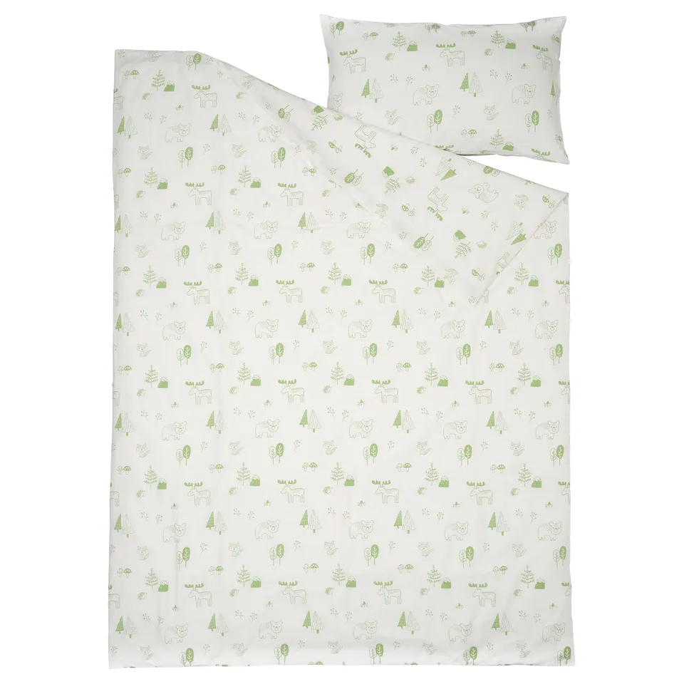 BARNDRÖM Duvet cover and pillowcase, white green/forest, 150x200/50x80 cm