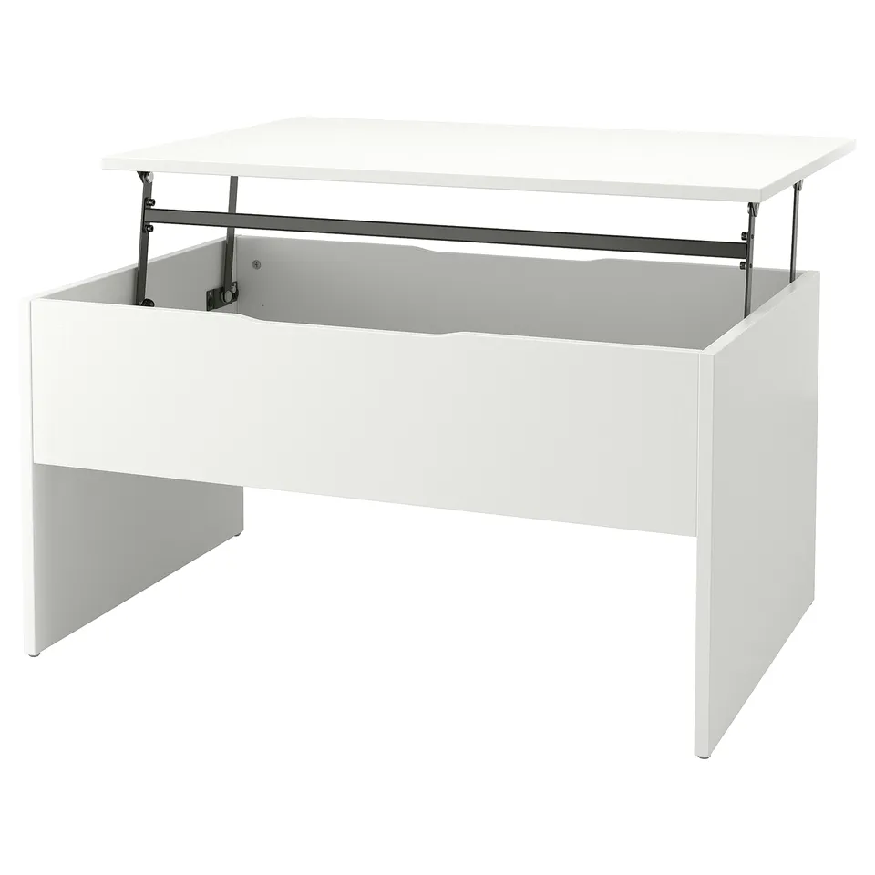 Adjustable ÖSTAVALL coffee table with liftable top and hidden storage. Modern, clean lines.