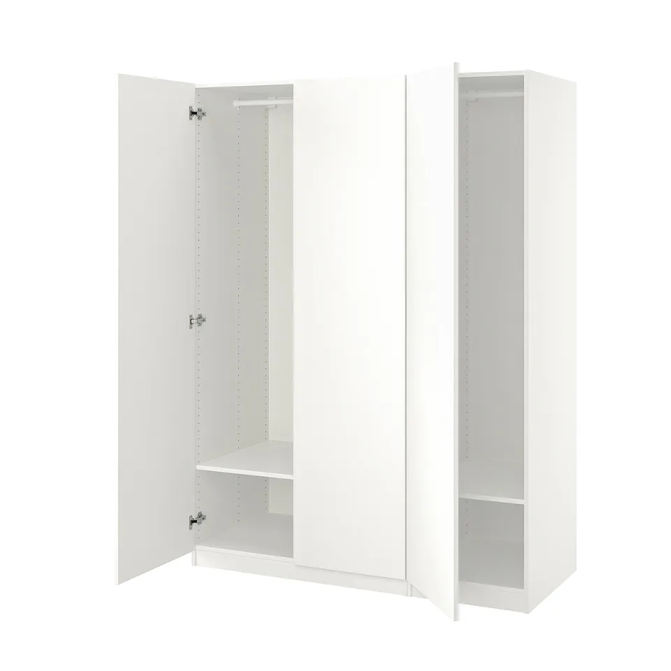 White PAX wardrobe, open doors, simple storage.