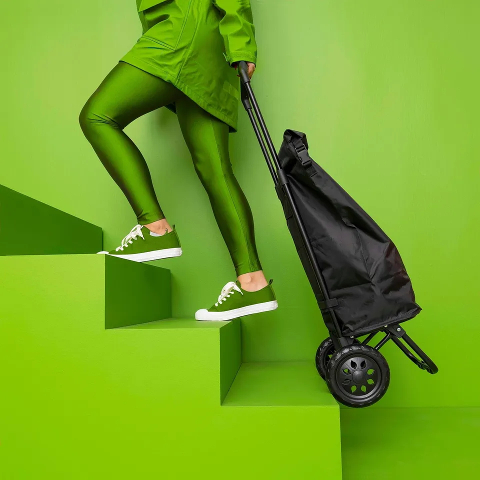 Person in green outfit pushing black RADARBULLE shopping cart up green steps.