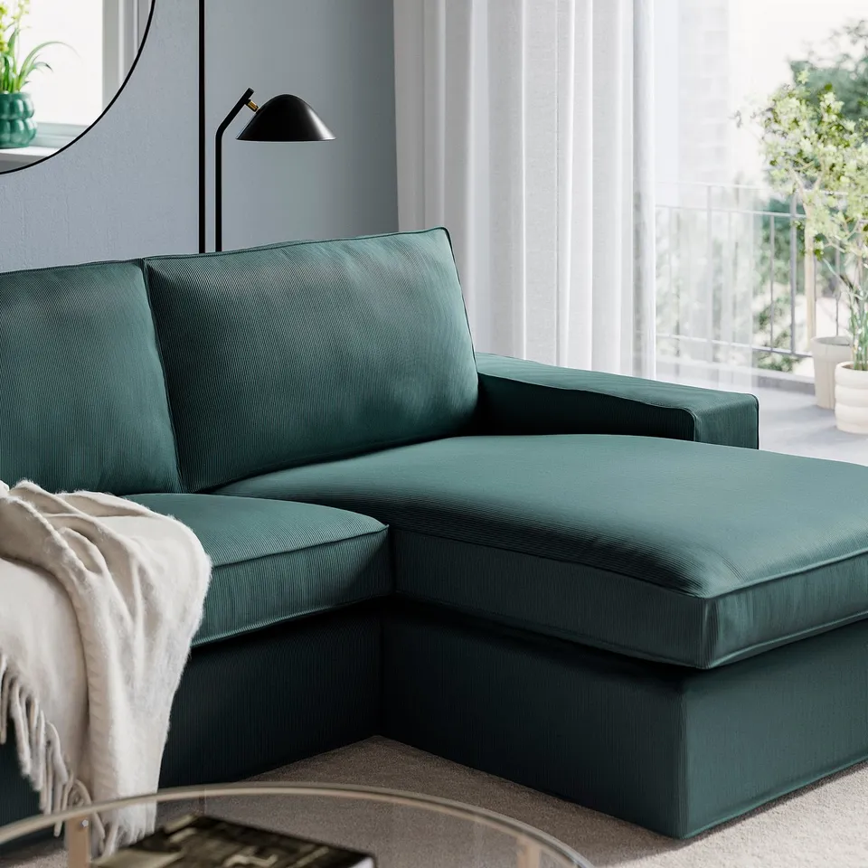 KIVIK 3-seat sofa with chaise longue, Kelinge grey-turquoise