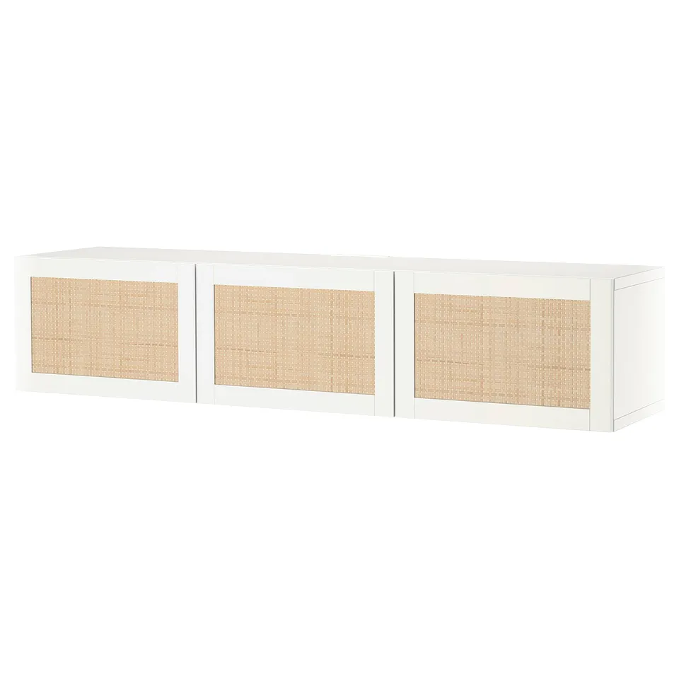 A white BESTÅ tv bench with woven fronts. It is rectangular and has three sections.