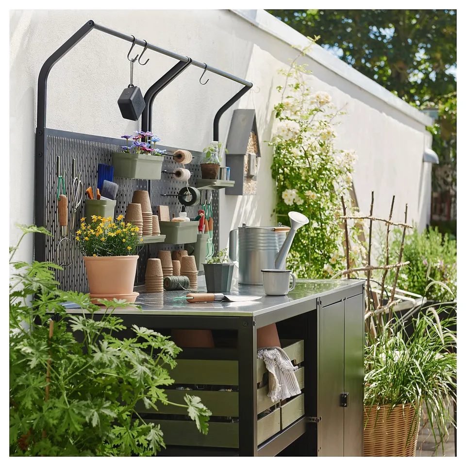 GRILLSKÄR Kitchen island w back panel, stainless steel/outdoor, 86x61x176 cm