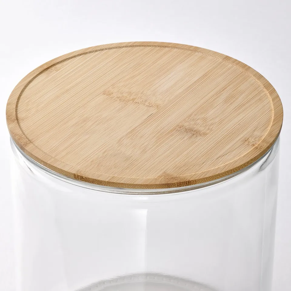 Clear glass jar with bamboo lid, stylish and functional, fits in fridge, wide opening.