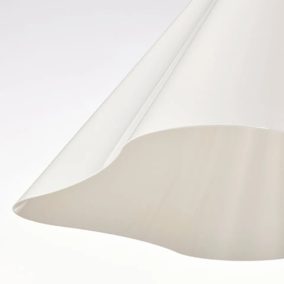 Elegant pendant lamp with sleek, curved design. Made from recycled plastic, showcasing smooth, even finish.