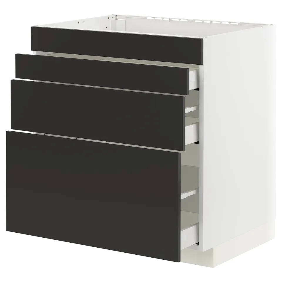 METOD kitchen unit with 4 black drawers, modern minimalist design.