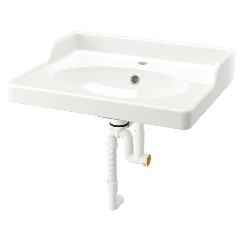 White RUTSJÖN ceramic washbasin with raised backsplash for washstands, traditional & durable.