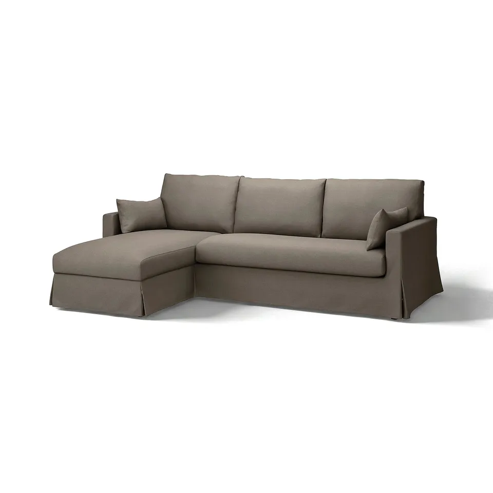 Grey corner sofa with left chaise, modern minimalist design, plush cushions, sleek armrests, HYLTARP cover.