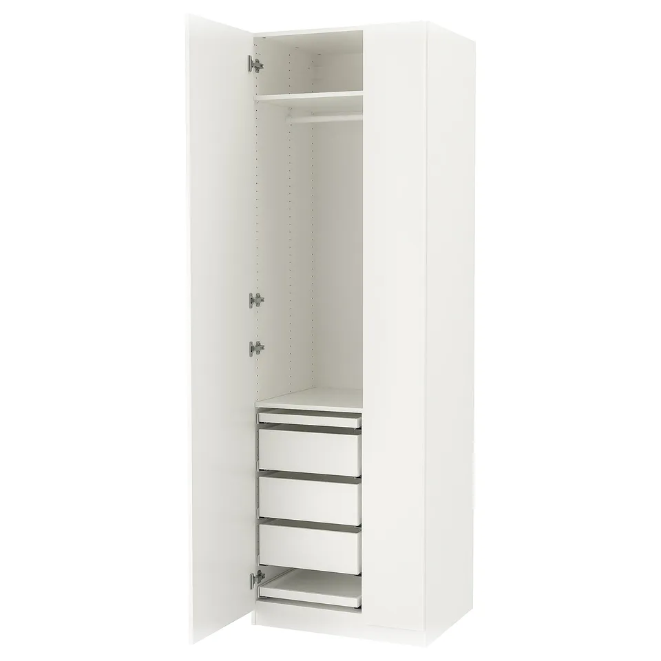 White PAX wardrobe with three drawers and one shelf, open doors revealing storage.