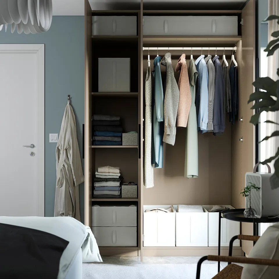 Modern bedroom with open closet, shelves, and lighting