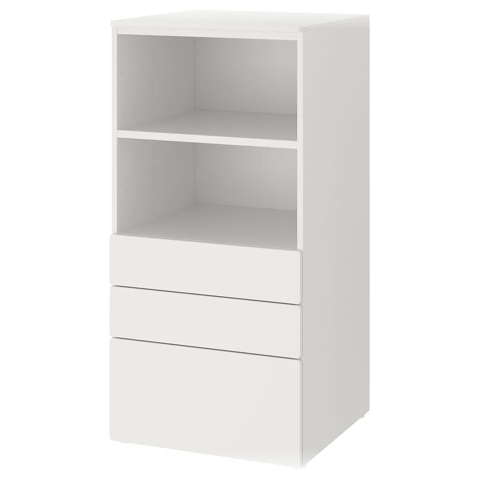 A white SMÅSTAD bookcase with drawers, combining open shelves and storage.