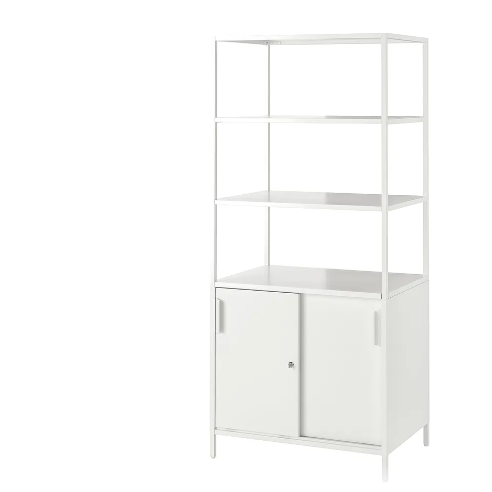 White TROTTEN storage cabinet, open & closed sections, sliding doors, minimalist metallic design.