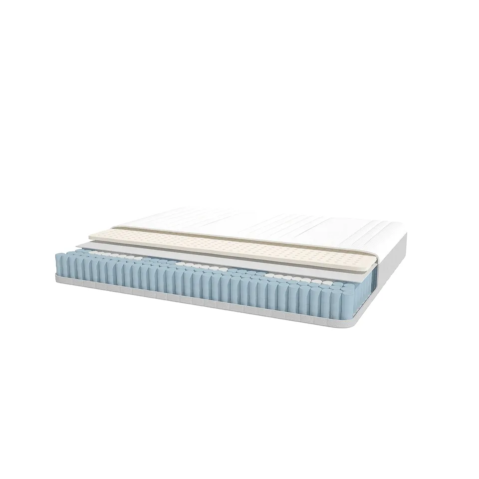 The VITMÅSEN mattress blue latex, white top, and tan sides, showcasing pocket springs for support and comfort.