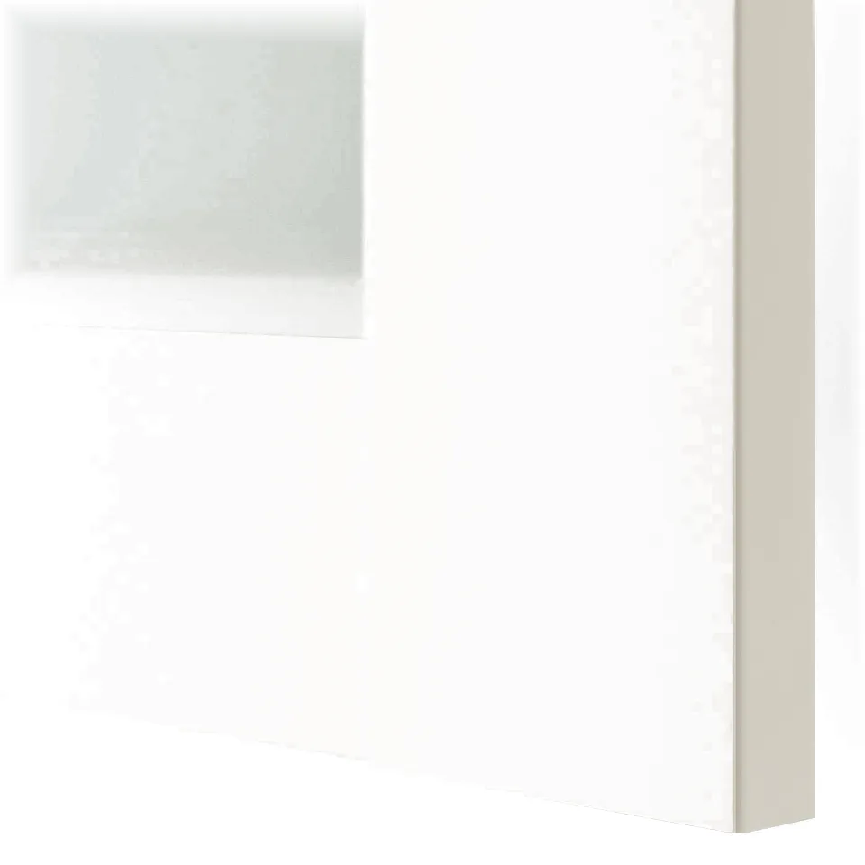 A frosted glass cabinet door with a crisp white frame, neatly crafted, showcasing modern design quality.
